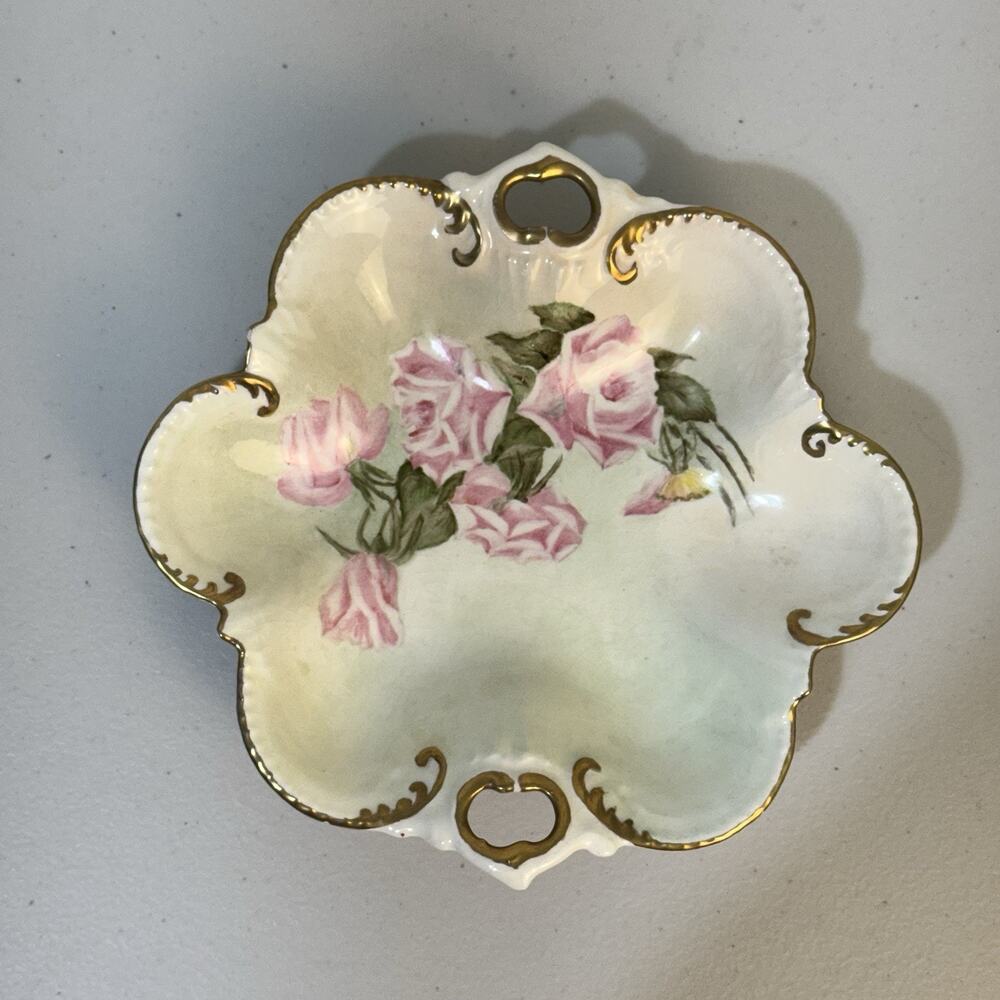 Early 20th Century Antique Hand Painted Roses Gold Gilt Porcelain Trinket Tray
